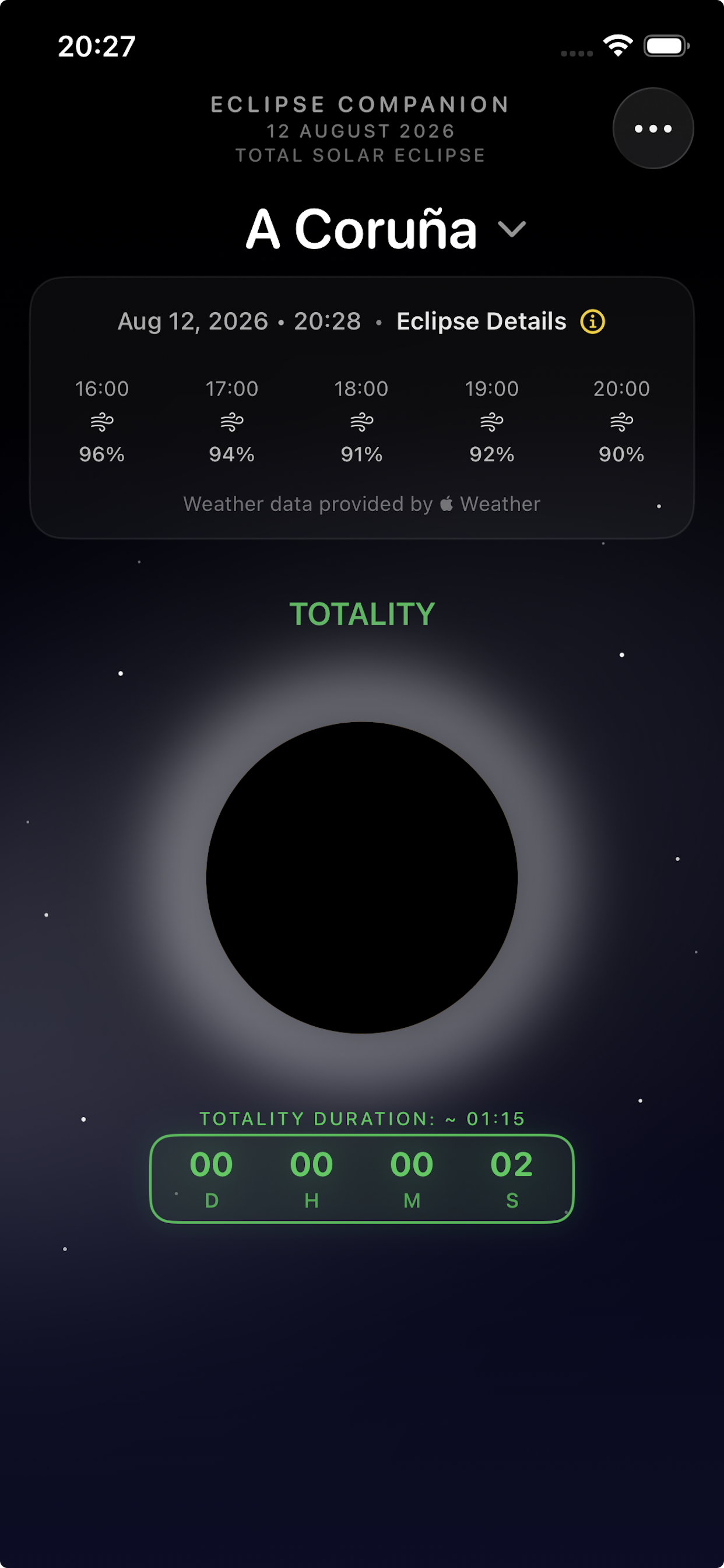 Eclipse preview screen during totality at maximum eclipse