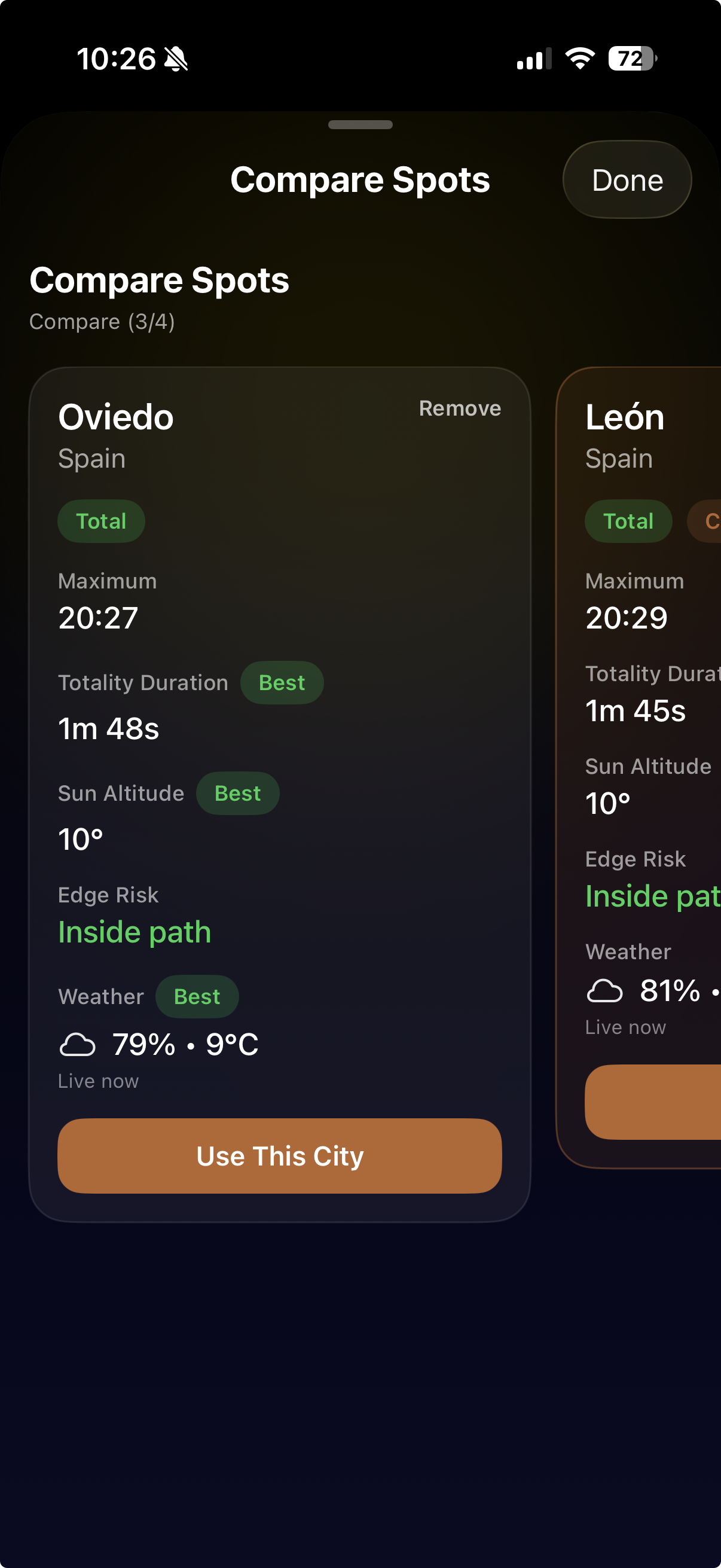 City comparison screen for evaluating the best eclipse viewing location