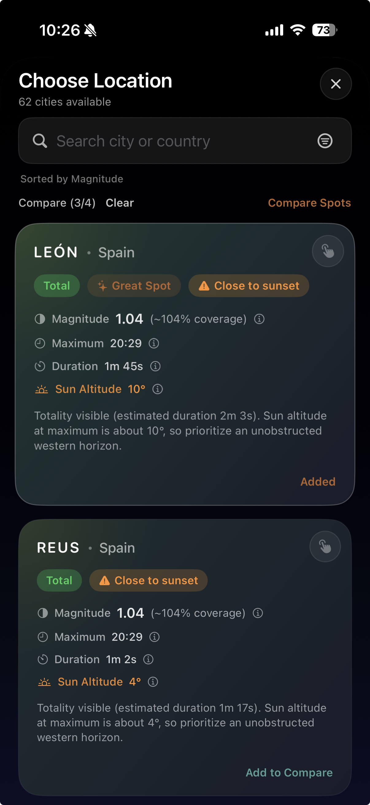 City selection screen with filtering and sorting options for eclipse locations