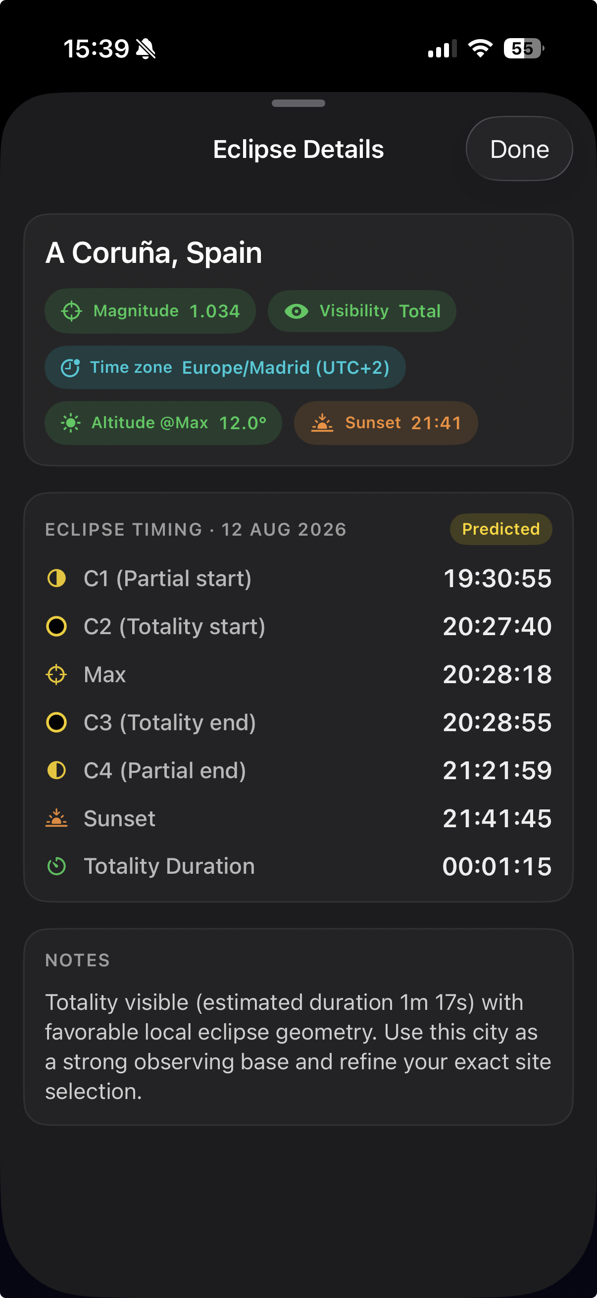 Eclipse details sheet with timing and visibility metrics