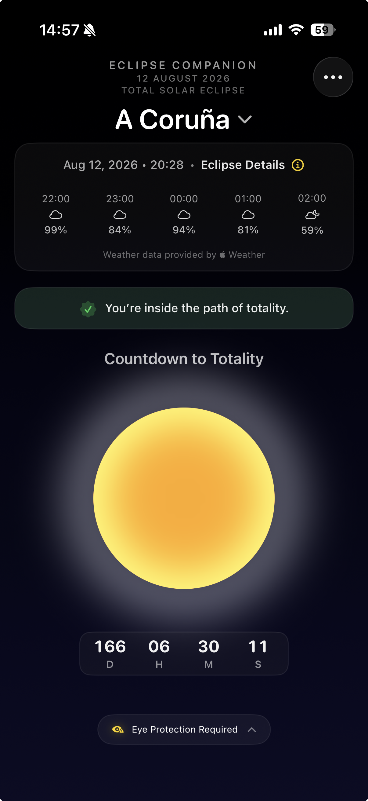 Main screen with countdown and eclipse status
