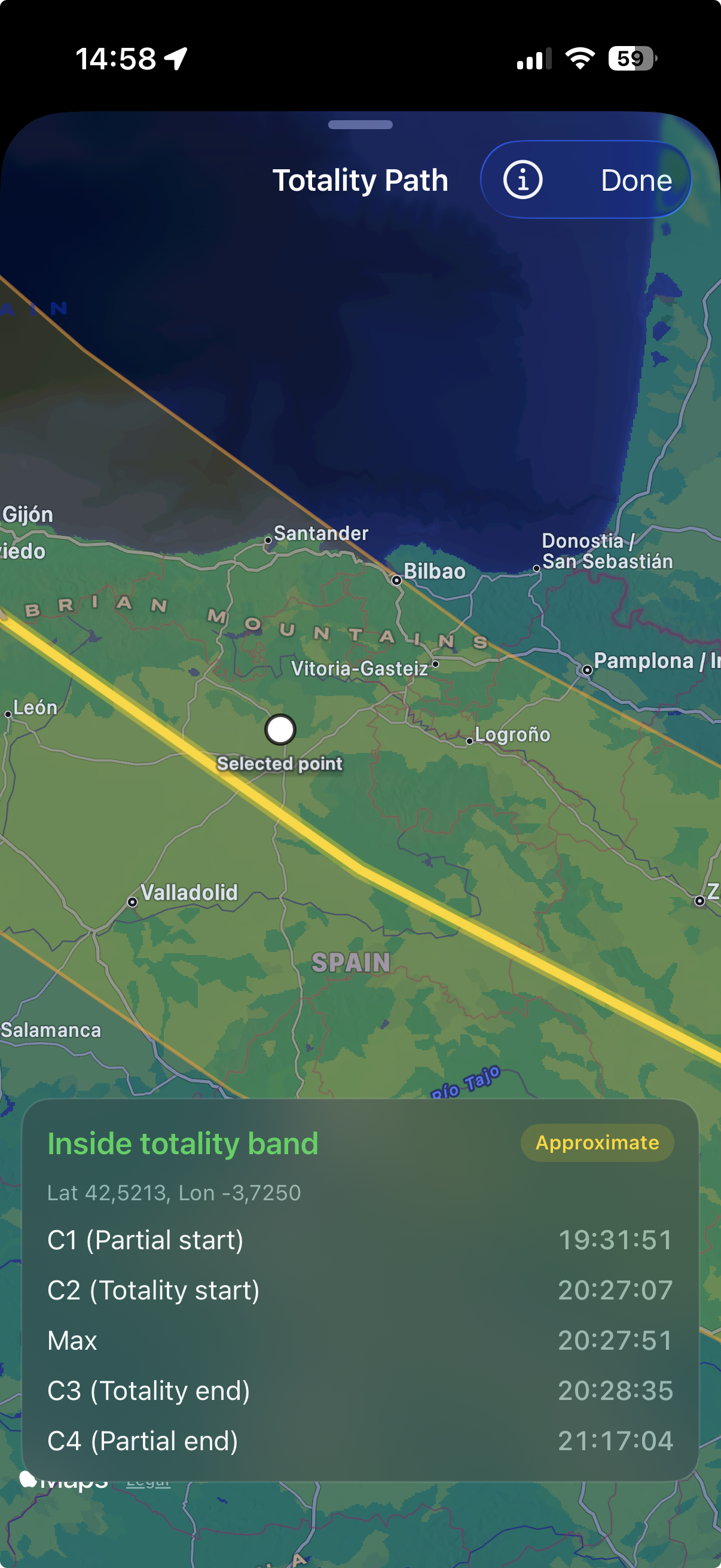 Interactive totality map with selected point and local contact times