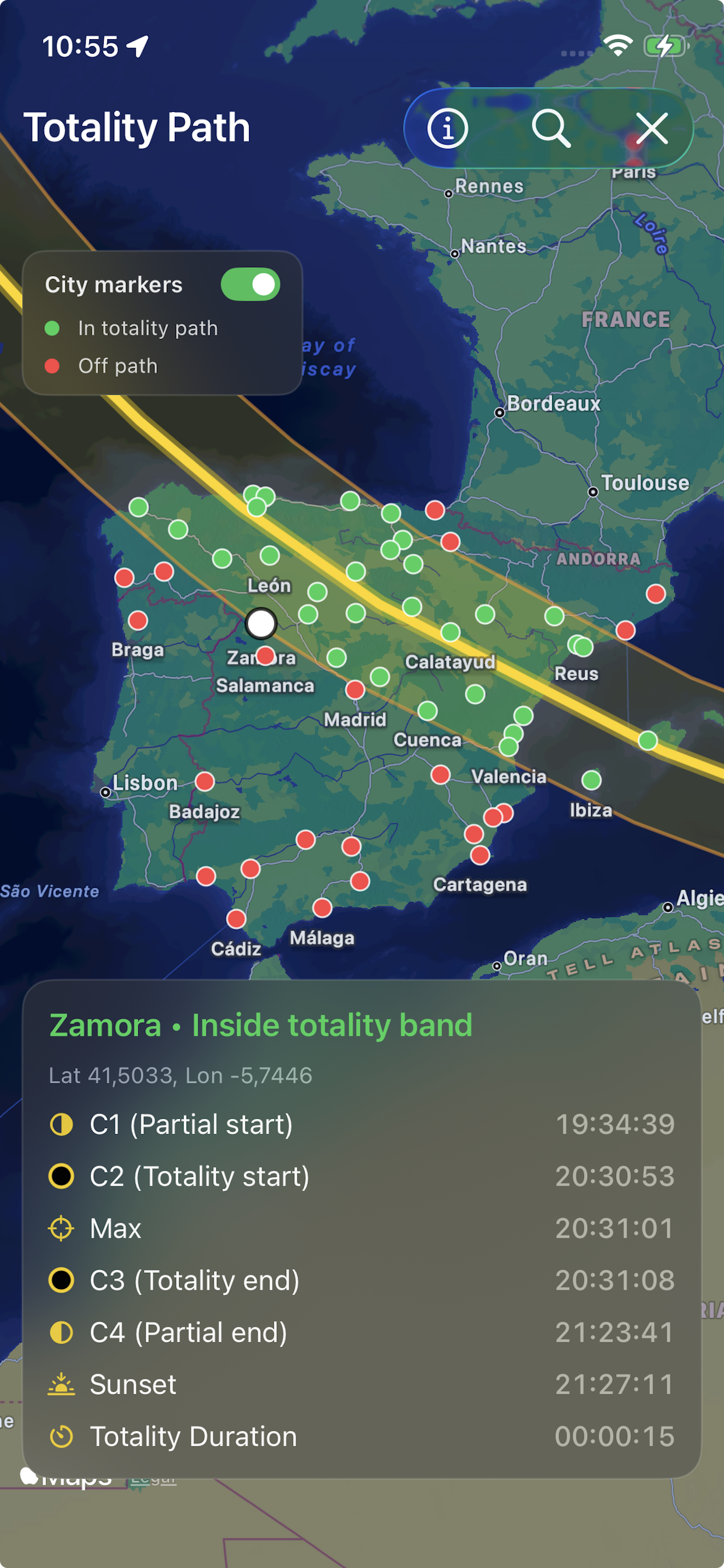 Totality map with city marker status and detailed timing card for a selected city